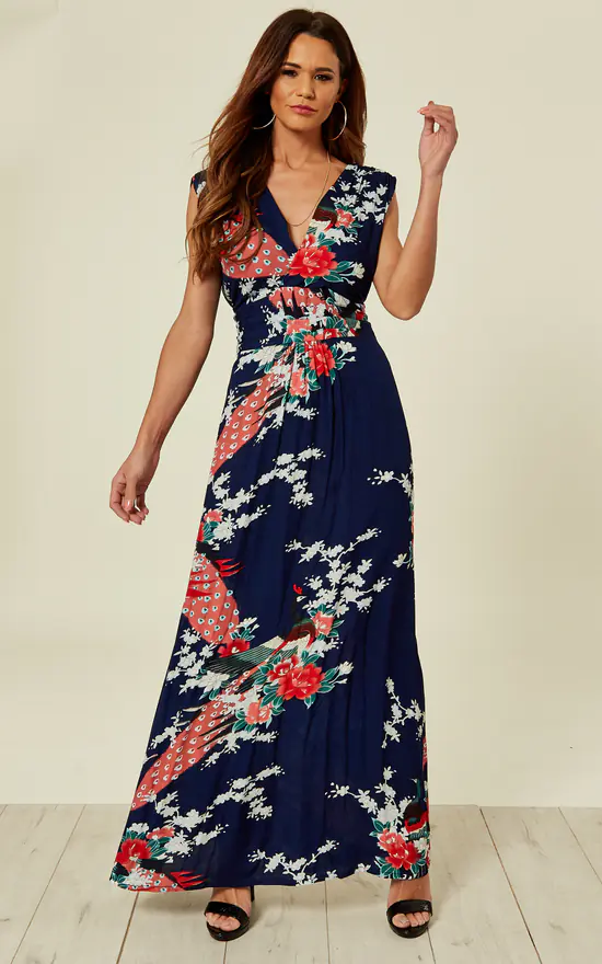 Navy Peacock Floral Summer Maxi Dress 3 Navy Peacock Floral Summer Maxi Dress