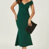 Bardot Pleated Midi Dress In Dark Green