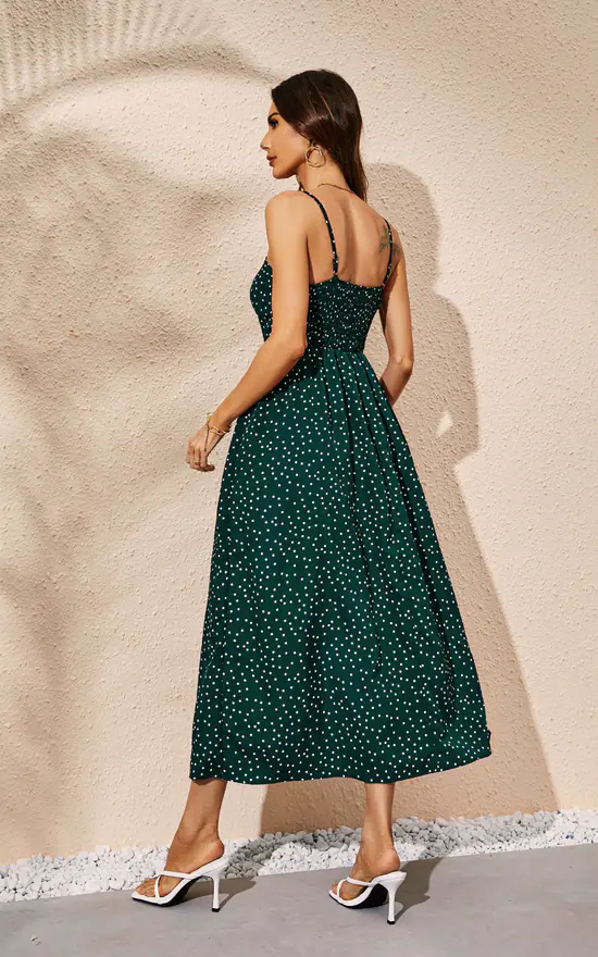 Polka Dot Button Down Strappy Maxi Dress In Dark Green 4 Polka Dot Button Down Strappy Maxi Dress In Dark Green - Image 2