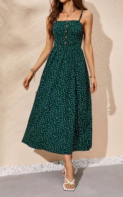 Polka Dot Button Down Strappy Maxi Dress In Dark Green 8 Polka Dot Button Down Strappy Maxi Dress In Dark Green -UK Skirt Sales 2023 0G1A293255