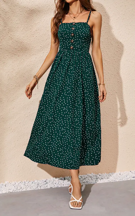 Polka Dot Button Down Strappy Maxi Dress In Dark Green 5 Polka Dot Button Down Strappy Maxi Dress In Dark Green - Image 3