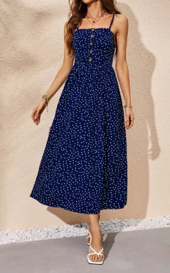Polka Dot Button Down Strappy Maxi Dress In Navy 7 Polka Dot Button Down Strappy Maxi Dress In Navy -UK Skirt Sales 2023 0G1A293255navy