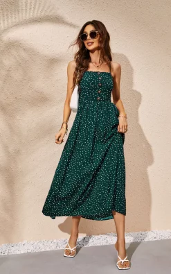 Polka Dot Button Down Strappy Maxi Dress In Dark Green 9 Polka Dot Button Down Strappy Maxi Dress In Dark Green -UK Skirt Sales 2023 0G1A294955