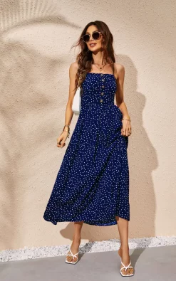 Polka Dot Button Down Strappy Maxi Dress In Navy
