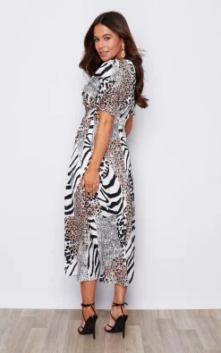 Britney Angel Sleeve Split Leg Midi Dress White Animal Print -UK Skirt Sales 2023 0W7A2390