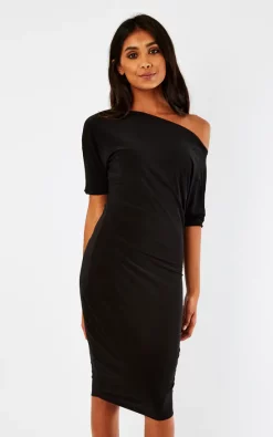 Black Lily One Shoulder 1/2 Sleeve Midi Dress