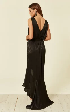 Wrap Front Satin Maxi Dress In Black -UK Skirt Sales 2023 2018 10 10 Tom Naomi Flounce125340