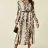 Snake Print Side Split Long Sleeve Midi Shirt Dress