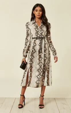 Snake Print Side Split Long Sleeve Midi Shirt Dress