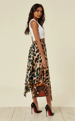 Satin Green Leopard Pleated Asymmetrical Midi Skirt -UK Skirt Sales 2023 2019 02 06 Jen Shree D.Anna0766