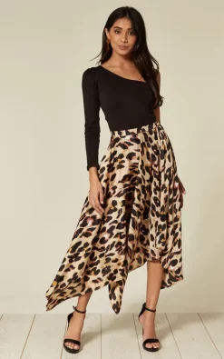 Satin Pleated Asymmetrical Midi Skirt In Leopard Print