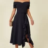 Exclusive Bardot Off Shoulder Frill Midi Dress Navy -UK Skirt Sales 2023 2019 04 03 Ella Chynna FeverFish15102