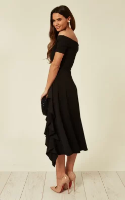Exclusive Bardot Off Shoulder Frill Midi Dress Black -UK Skirt Sales 2023 2019 04 03 Ella Naomi FeverFish15002