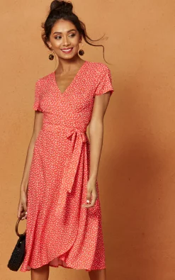 Penelope Wrap Midi Dress In Red Ditsy Print