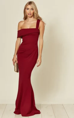 Off The Shoulder Pleated Waist Maxi Dress In Wine Red
