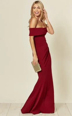 Off The Shoulder Pleated Waist Maxi Dress In Wine Red -UK Skirt Sales 2023 2019 09 04 Susie Amy Goddiva98596