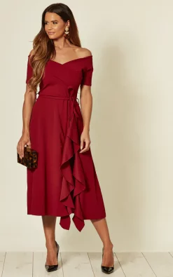 Exclusive Bardot Off Shoulder Frill Midi Dress In Burgundy -UK Skirt Sales 2023 2019 09 25 Jen Naomi FeverFish133314