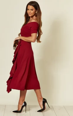 Exclusive Bardot Off Shoulder Frill Midi Dress In Burgundy -UK Skirt Sales 2023 2019 09 25 Jen Naomi FeverFish133319