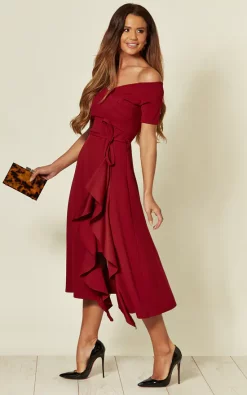 Exclusive Bardot Off Shoulder Frill Midi Dress In Burgundy -UK Skirt Sales 2023 2019 09 25 Jen Naomi FeverFish133333