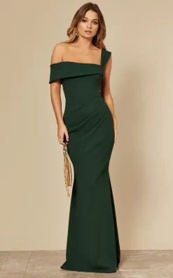 Emerald Green Off The Shoulder Maxi Dress With Pleated Waist