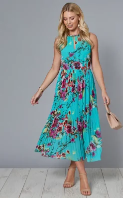 Eshal Keyhole Tie Neck Pleated Floral Midi Dress