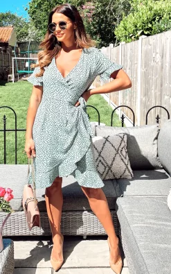 ONLY Short Sleeve Wrap Dress With Frill Hem In Green With Black Spot 7 ONLY Short Sleeve Wrap Dress With Frill Hem In Green With Black Spot -UK Skirt Sales 2023 2020 05 12 Megan Naomi Only2