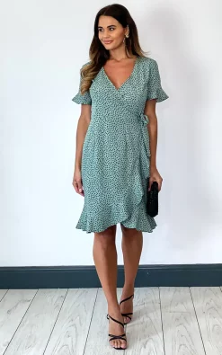 ONLY Short Sleeve Wrap Dress With Frill Hem In Green With Black Spot 8 ONLY Short Sleeve Wrap Dress With Frill Hem In Green With Black Spot -UK Skirt Sales 2023 2020 05 12 Megan Naomi Only3