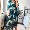 Kimono Wrap Floral Dress Dark Green