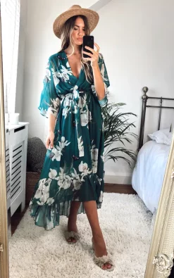 Kimono Wrap Floral Dress Dark Green