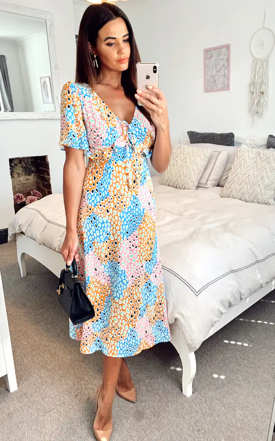 V Neck Maxi Dress With Frill Detail In Multicoloured Leopard Print 4 V Neck Maxi Dress With Frill Detail In Multicoloured Leopard Print - Image 2