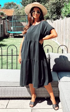 Diana Tiered Midi Smock Dress In Black