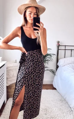 Blush Floral Print Midi Wrap Skirt In Black -UK Skirt Sales 2023 2020 08 17 Megan Cara Danna39