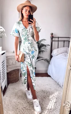 V Neck Botanical Leaf Print Maxi Dress With Smock Waist