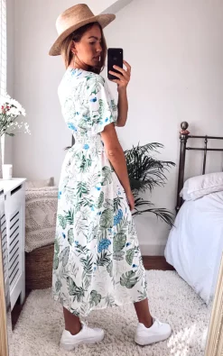 V Neck Botanical Leaf Print Maxi Dress With Smock Waist -UK Skirt Sales 2023 2020 08 17 Megan Cara Danna55