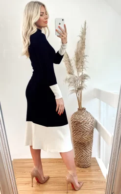 Soft Knitted Ribbed Midi Bodycon Dress In Black Cream Contrast Design -UK Skirt Sales 2023 2020 08 19 Megan Sasha CYboutique31
