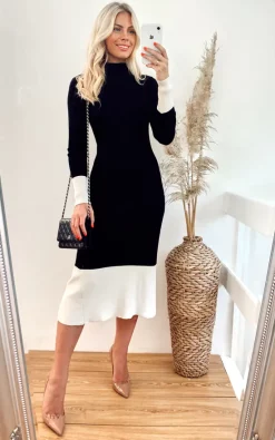 Soft Knitted Ribbed Midi Bodycon Dress In Black Cream Contrast Design -UK Skirt Sales 2023 2020 08 19 Megan Sasha CYboutique33