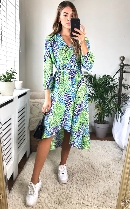 Plunge Neck Leopard Print Wrap Midi Dress In Green/Blue And Green 3 Plunge Neck Leopard Print Wrap Midi Dress In Green/Blue And Green