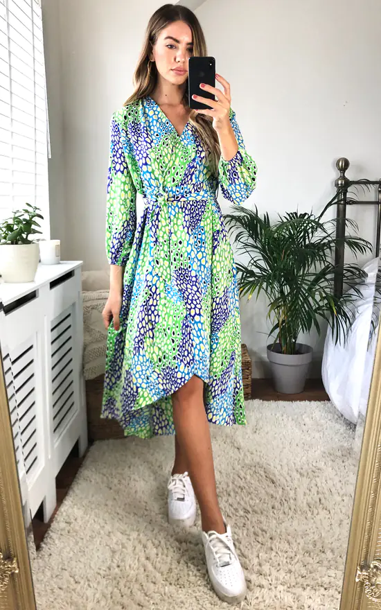 Plunge Neck Leopard Print Wrap Midi Dress In Green/Blue And Green 4 Plunge Neck Leopard Print Wrap Midi Dress In Green/Blue And Green - Image 2