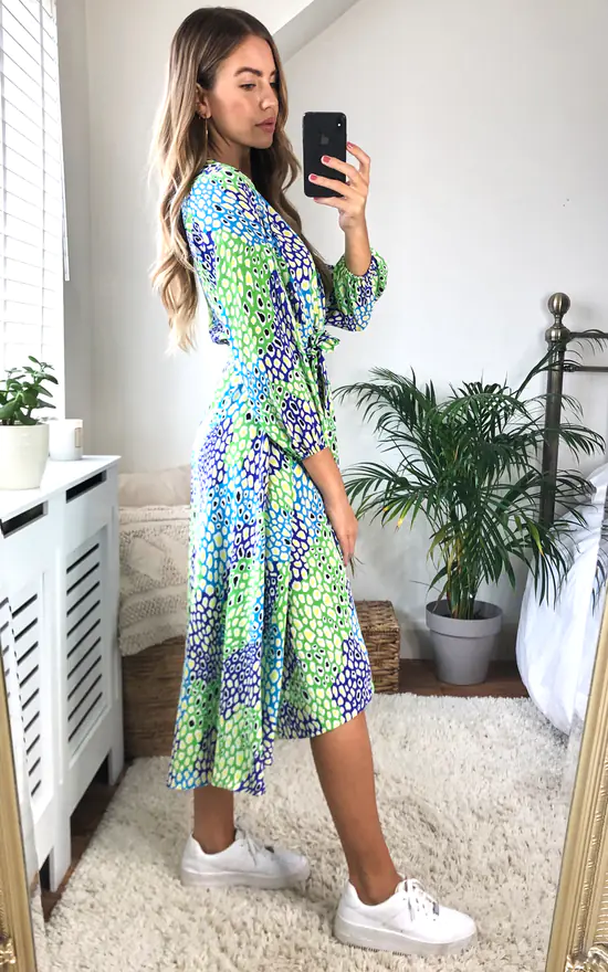 Plunge Neck Leopard Print Wrap Midi Dress In Green/Blue And Green 5 Plunge Neck Leopard Print Wrap Midi Dress In Green/Blue And Green - Image 3