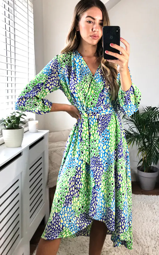 Plunge Neck Leopard Print Wrap Midi Dress In Green/Blue And Green 6 Plunge Neck Leopard Print Wrap Midi Dress In Green/Blue And Green - Image 4