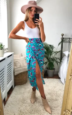 Floral Print Midi Wrap Skirt In Turquoise -UK Skirt Sales 2023 2020 09 21 Megan Cara Danna28