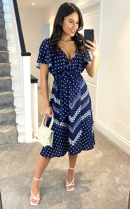 Goddiva Wrap Style Flutter Sleeve Printed Midi Dress In Navy 3 Goddiva Wrap Style Flutter Sleeve Printed Midi Dress In Navy