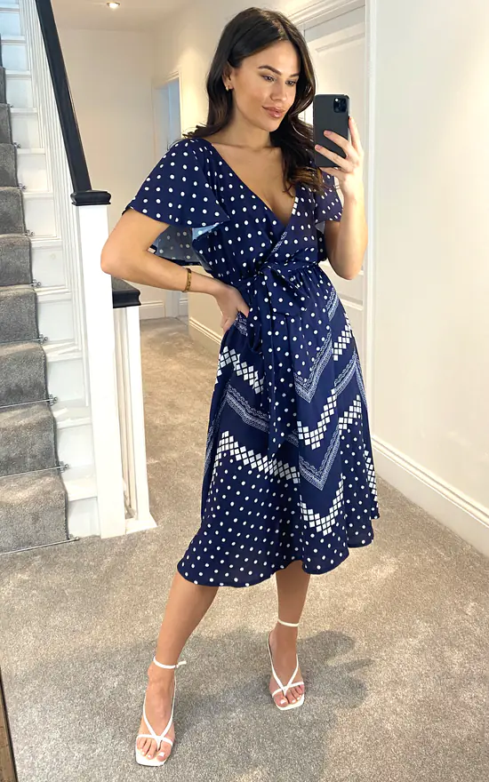 Goddiva Wrap Style Flutter Sleeve Printed Midi Dress In Navy 4 Goddiva Wrap Style Flutter Sleeve Printed Midi Dress In Navy - Image 2
