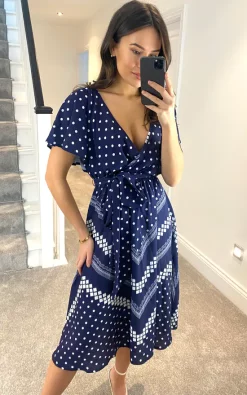 Goddiva Wrap Style Flutter Sleeve Printed Midi Dress In Navy 9 Goddiva Wrap Style Flutter Sleeve Printed Midi Dress In Navy -UK Skirt Sales 2023 2021 02 09 Megan Goddivva 4702