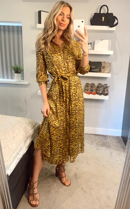 Mustard Tiger Printed Long Shirt Dress With Lined Body 3 Mustard Tiger Printed Long Shirt Dress With Lined Body - Image 2