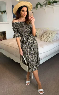 Off Shoulder Tiered Midi Dress In Black Ditsy Floral