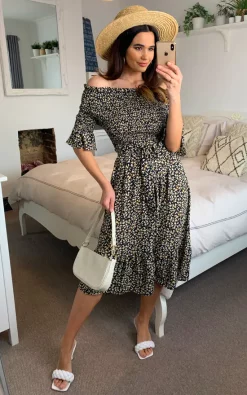 Off Shoulder Tiered Midi Dress In Black Ditsy Floral -UK Skirt Sales 2023 2021 03 11 Megan Naomi Shikha67