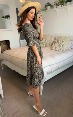 Off Shoulder Tiered Midi Dress In Black Ditsy Floral -UK Skirt Sales 2023 2021 03 11 Megan Naomi Shikha69