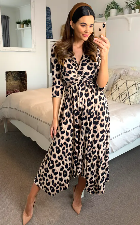 Jolie Moi Knot Front Hanky Hem Dress, Pink Animal 4 Jolie Moi Knot Front Hanky Hem Dress, Pink Animal - Image 2