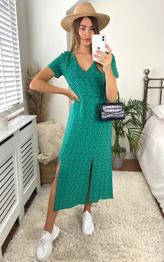 Winnie Animal V Neck Midi Dress In Green And Black 3 Winnie Animal V Neck Midi Dress In Green And Black